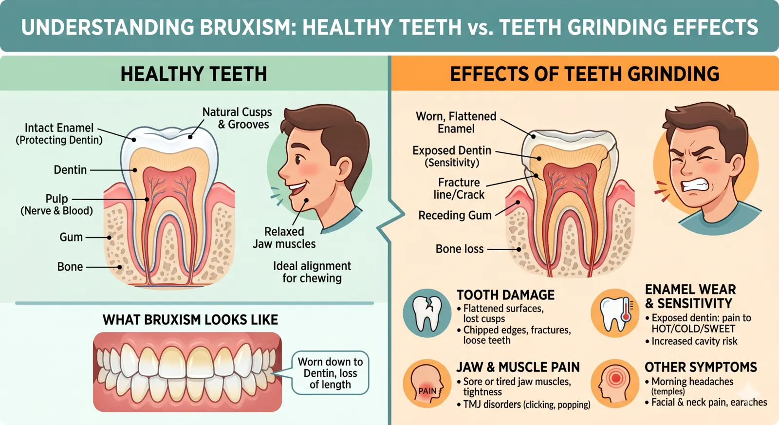Infographic showing healthy teeth versus tooth grinding effects from bruxism
