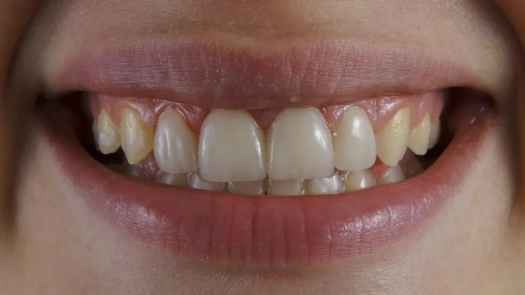 Close-up of a smile showing worn and chipped edges on the front teeth