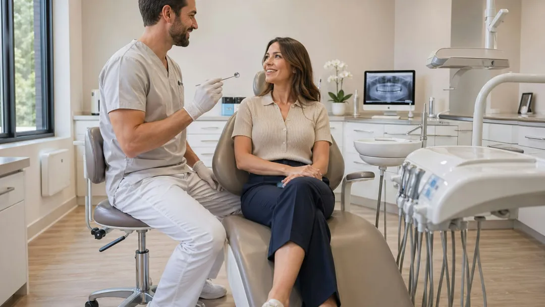 Dentist talking with a patient during an emergency dental visit
